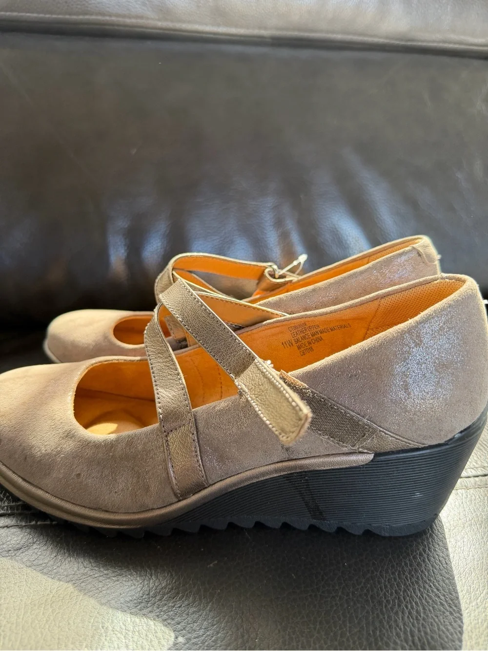 Comfortiva Alic Metallic Cross strap Wedge Mary Jane  in Taupe